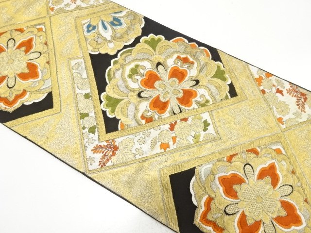 JAPANESE KIMONO / ANTIQUE FUKURO OBI / WOVEN RHOMBUS & FLORAL CREST